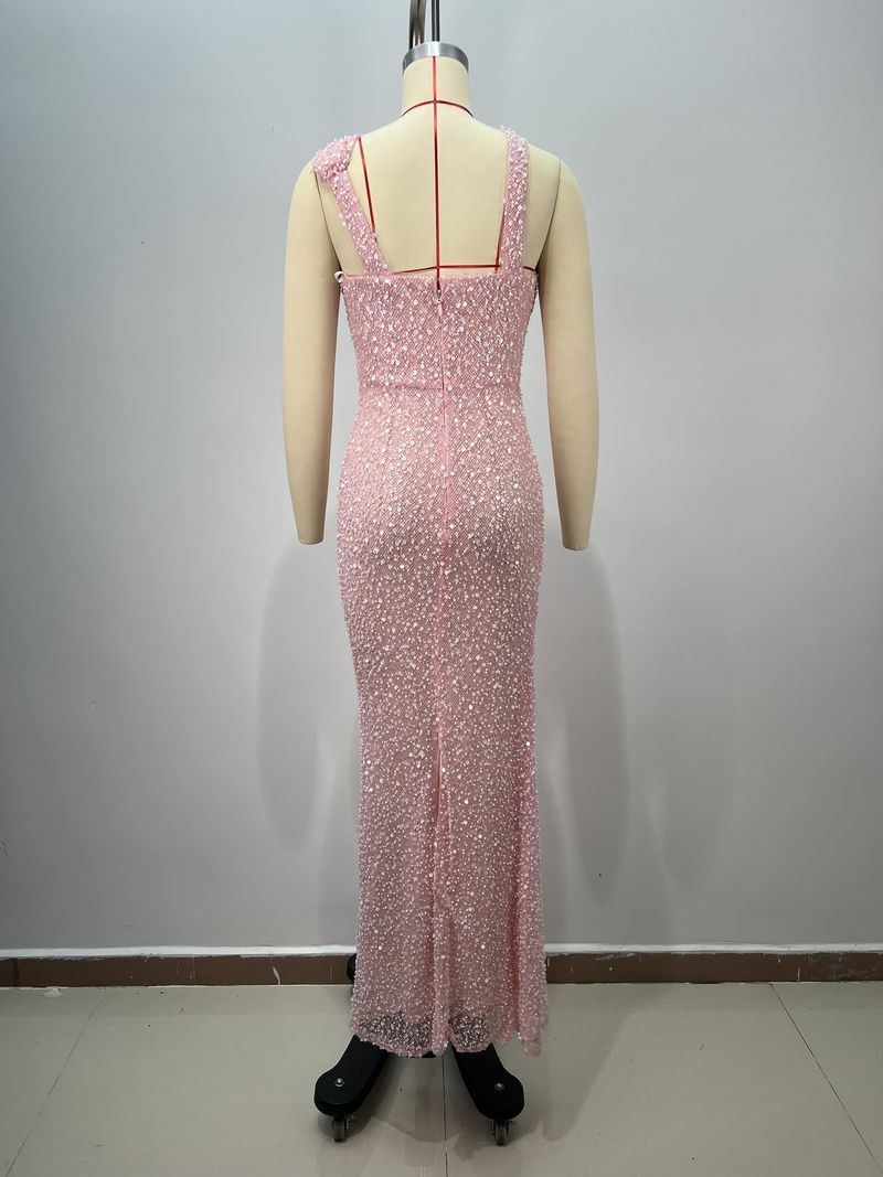 Robe sirène élégante à sequins et épaules dénudées pour femme – Robe de soirée moulante extensible avec décolleté perlé pour fêtes, rendez-vous et occasions spéciales_voghion.com