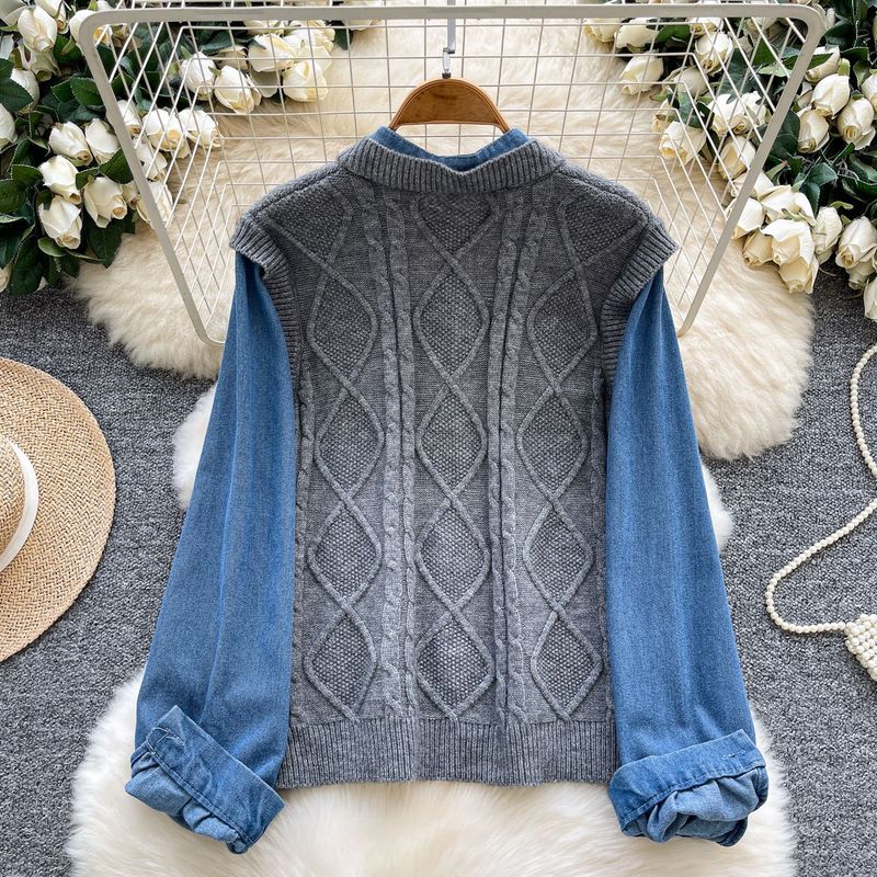 Veste deux pièces style coréen en tricot et denim – Haut à manches longues pour femme au point crochet avec empiècements contrastés (taille unique)_voghion.com