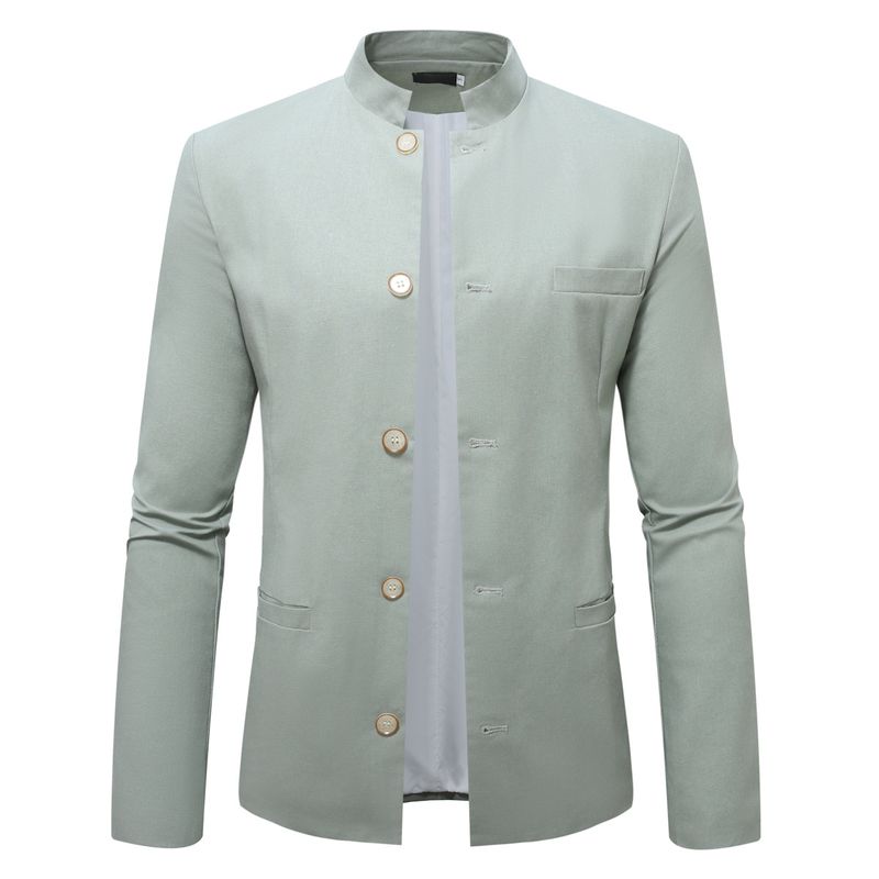 Blazer da uomo slim fit con collo alla coreana - Giacca casual in misto lino traspirante per tutti i giorni (blu navy, azzurro, kaki, verde)_voghion.com