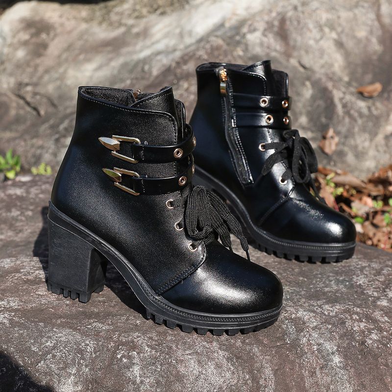 Damenschuhe mit Strasssteinen, runder Zehenpartie, dicker Sohle, große modische Stiefel, Winterstiefel mit dickem Absatz, Retro-Seitenreißverschluss, High Heel, kurze Stiefel_voghion.com