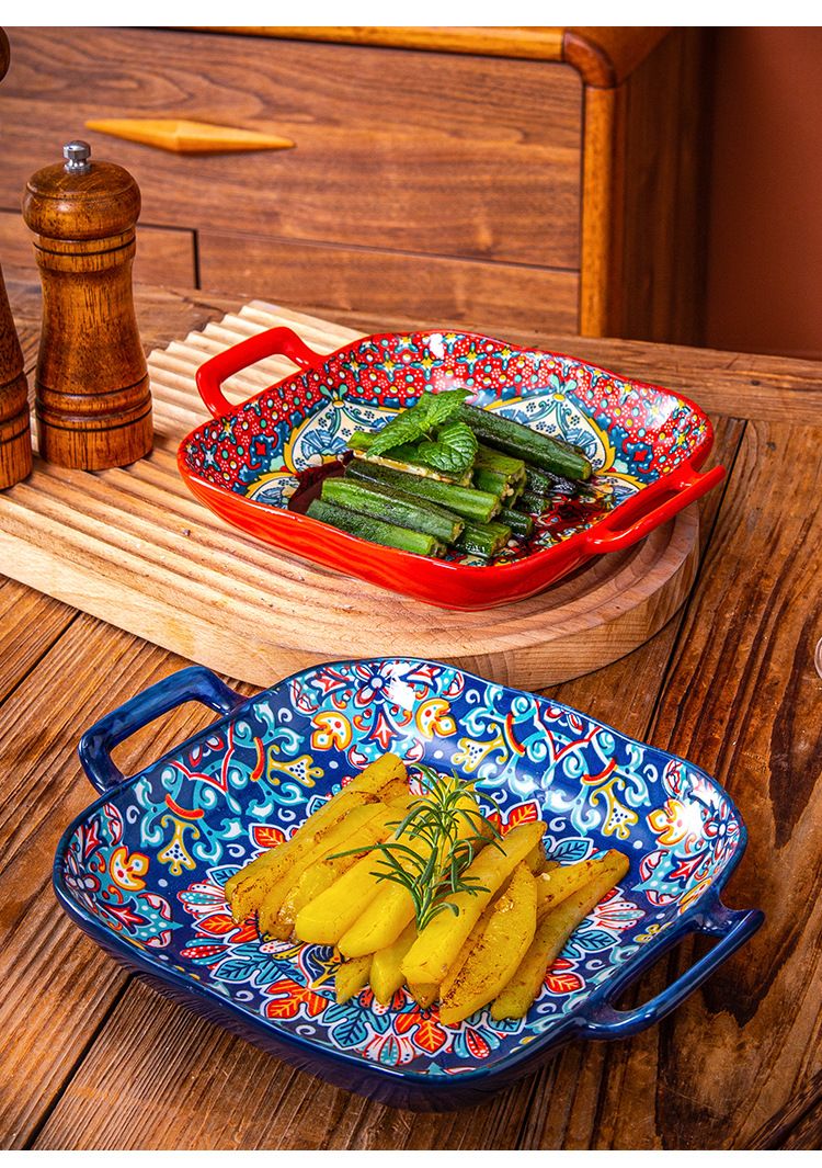 Assiette de service carrée en céramique de Bohème - Avec poignées - Passe au four et au micro-ondes - Pour pâtes, fruits et apéritifs_voghion.com