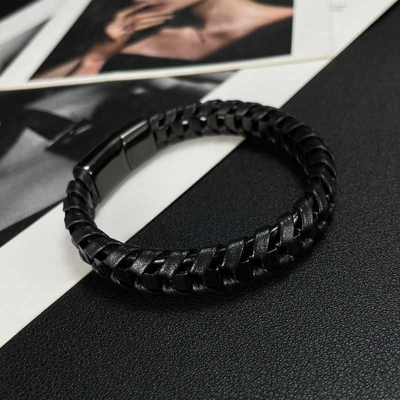 Handmade Woven Leather Bangle Bracelet Men_voghion.com