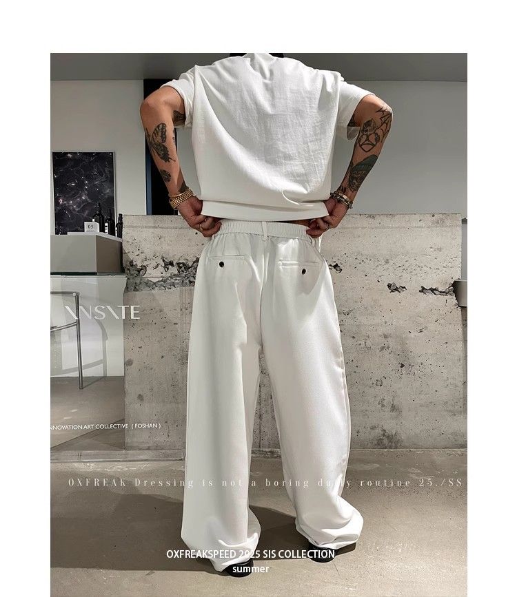 Pantaloni larghi da uomo, bianchi, a pieghe singole, in tessuto antirughe e drappeggiato, stile casual, Lao Qianfeng_voghion.com