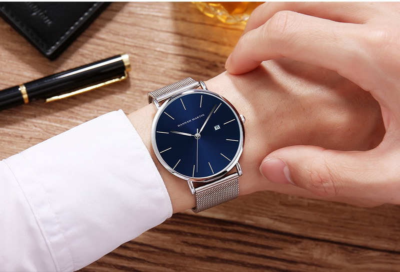 Men's Stainless Steel Waterproof Watch With Japanese Quartz Movement, Date Display, Minimalist Design, Blue Dial Dark Blue Steel Belt Watch_voghion.com