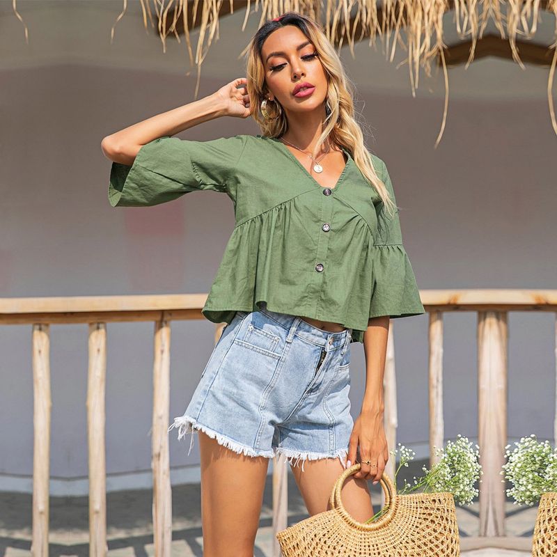Top cardigan da donna 2023 Summer Loose casual con scollo a V monopetto in tinta unita_voghion.com