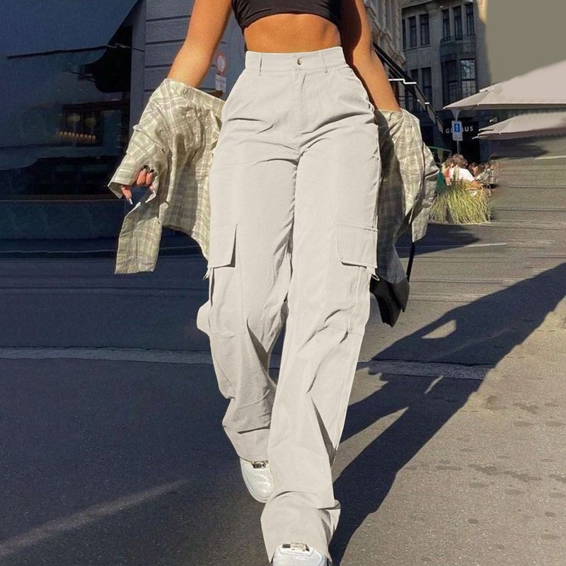 Roupas femininas Moda de rua Macacão com vários bolsos Calça reta Cintura alta Macacão solto slim_voghion.com