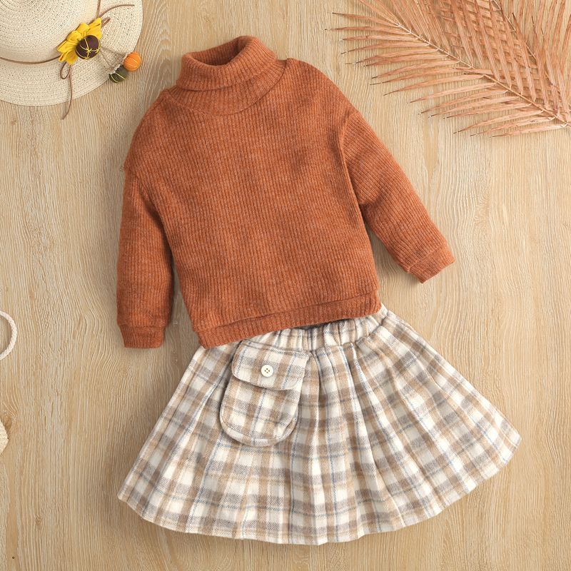 Pull à col haut à manches longues et base en laine tricotée pour fille + jupe courte à carreaux, ensemble deux pièces, nouvelle collection automne 2024_voghion.com