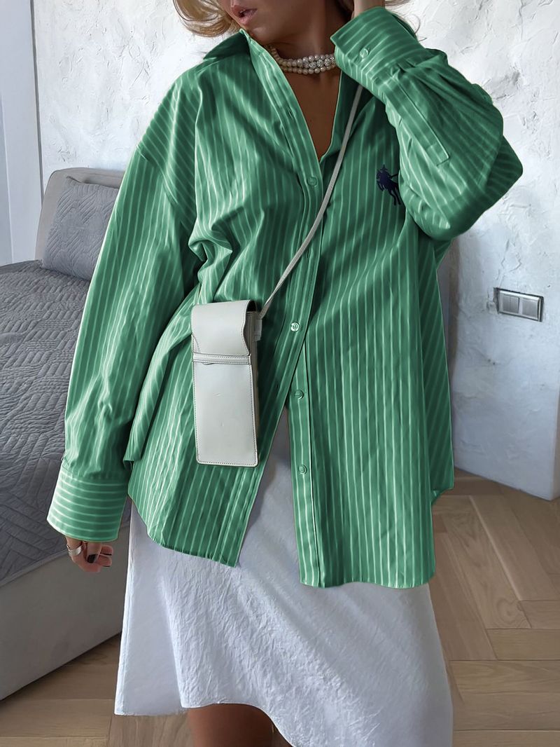 Camicia a maniche lunghe con bottoni da donna – Top casual in poliestere a righe | Antipiega e traspirante per viaggi e uso quotidiano_voghion.com