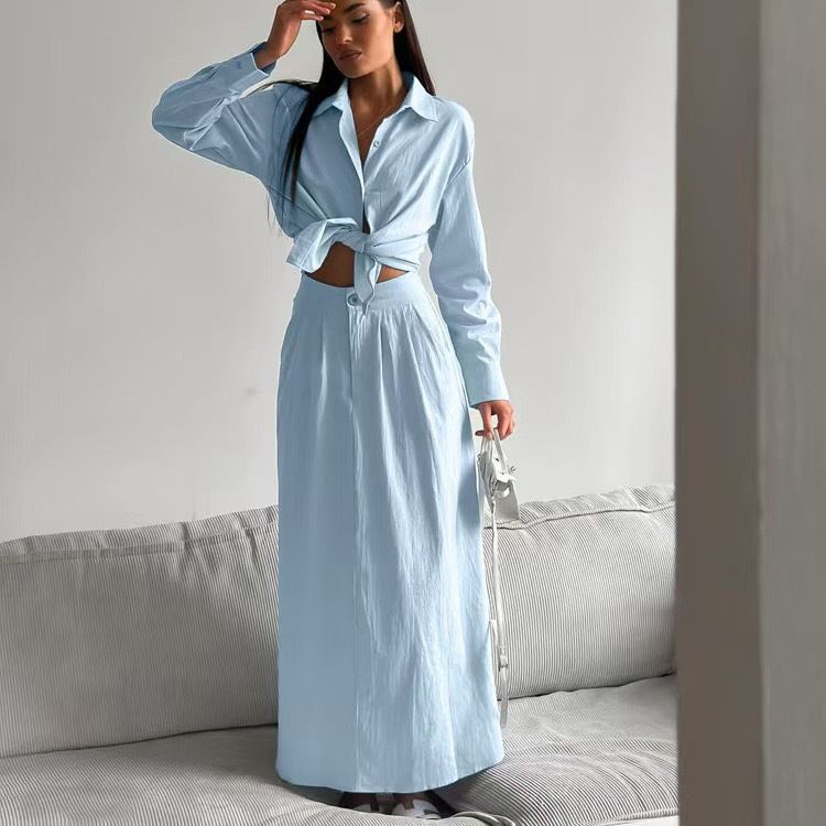 Completo camicia da donna alla moda - Elegante camicetta a maniche lunghe con gonna midi a vita alta, completo da ufficio e casual, a righe blu/semplice, S/M/L_voghion.com