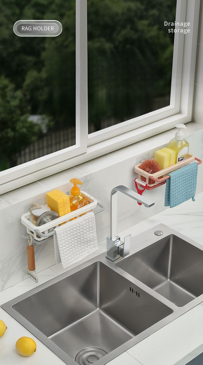 Kitchen Storage No-Drill Wall-Mounted Miscellaneous Organizer Multi-Functional Draining Spice Rack Sink Artifact_voghion.com