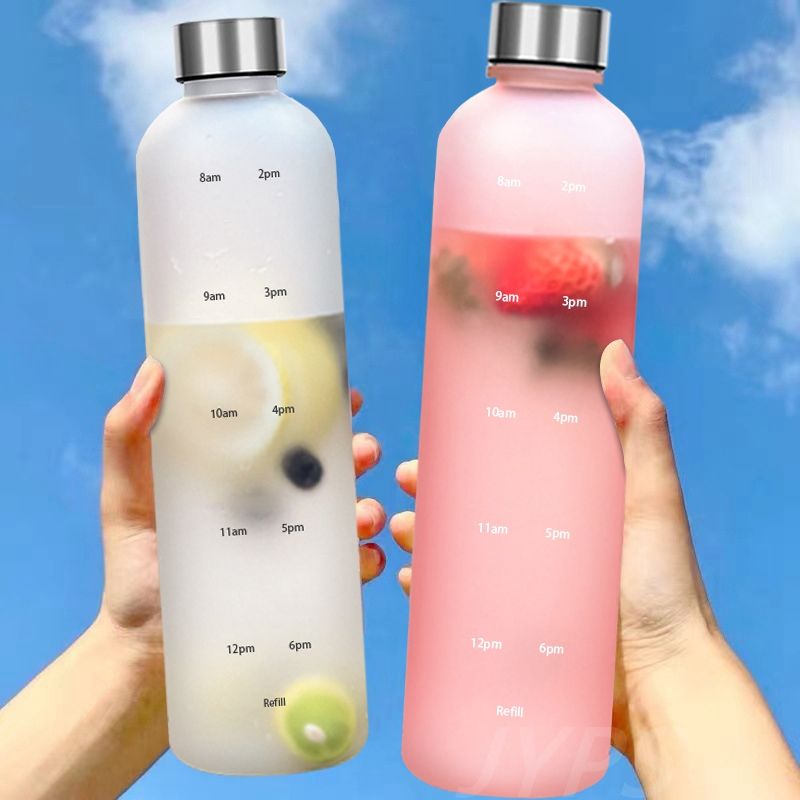 1L Large Capacity Water Bottle For Girls Frosted Water Cup Metal Lid Water Bottle With Time Marker Reusable Drinking Bottle_voghion.com