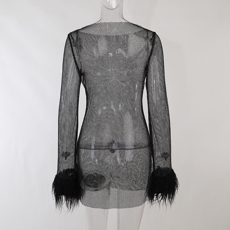 Abito da sera in rete trasparente con fili glitterati – Mini abito aderente senza maniche per la serata (nero/rosa/bianco)_voghion.com