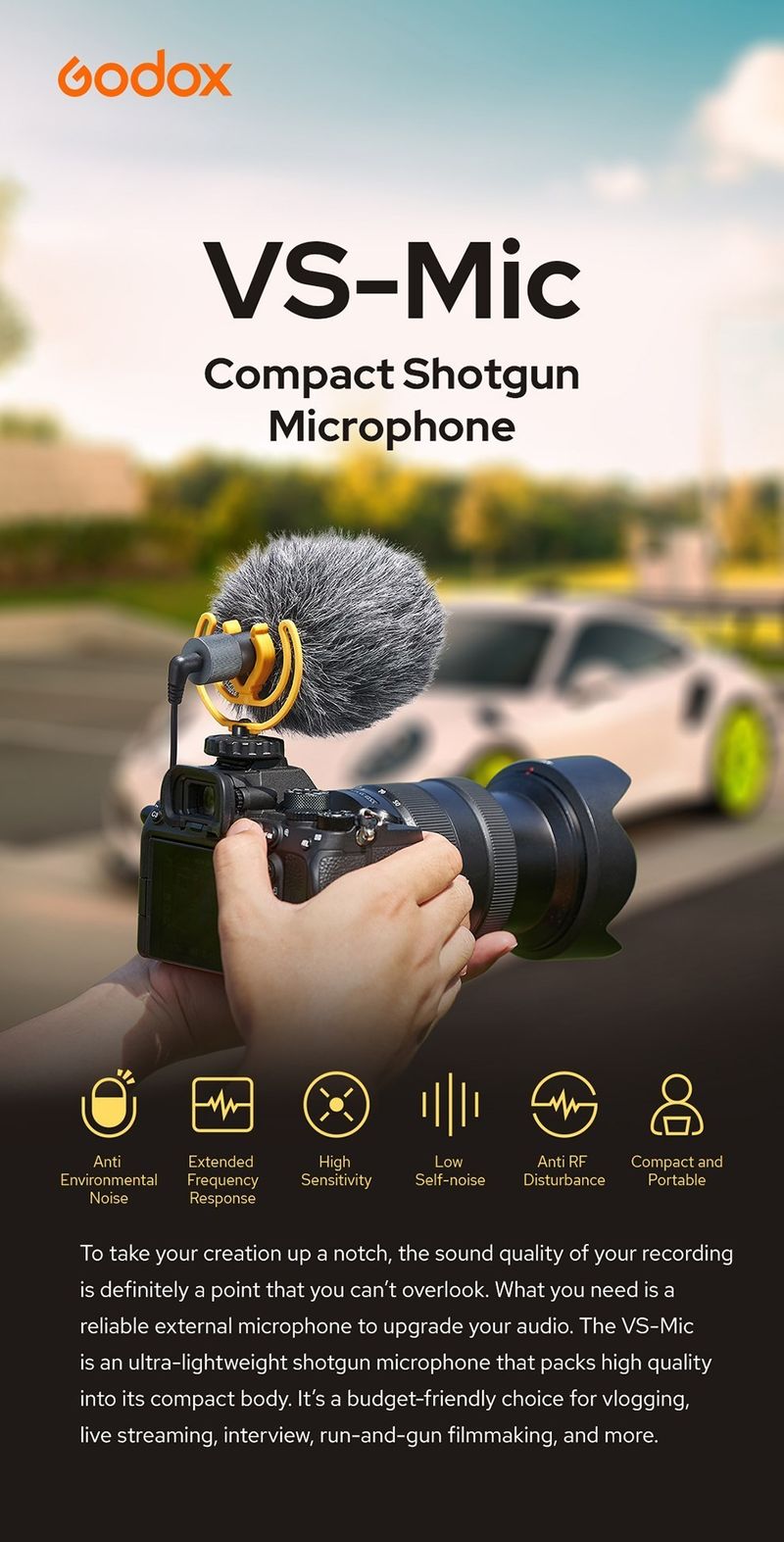 Godox VS-Mic kompakt puskamikrofon 3,5 mm-es mikrofon iPhone, Android okostelefon DSLR kamerához videofelvételhez_voghion.com