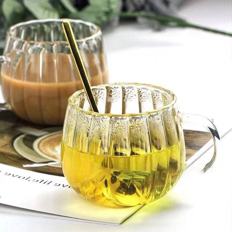 Kaffeegeschirr Gestreifte runde lustige Tasse Kürbistasse Glas Hitzebeständige Milchteetasse Großer Bauch Vertikale Mustertasse Home Mit Griff Wassertasse_voghion.com