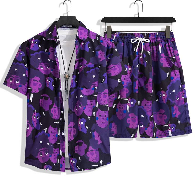 Ny herrkostym med vardagskläder, snabbtorkande stranddräkt för män, kortärmad blommig skjorta för män, strandshorts, matchande tvådelat set för par_voghion.com