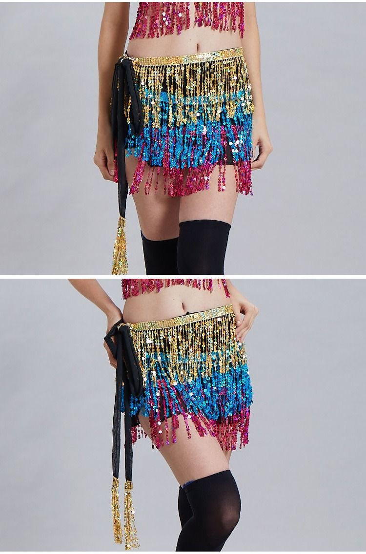 Chaîne de taille pour danse du ventre d'Halloween, serviette de hanche indienne, serviette de hanche à franges à paillettes bohème, costume de scène DS Performance_voghion.com