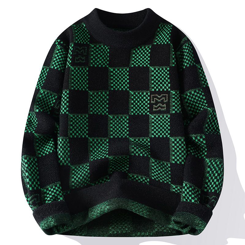 Men’s Chunky Knit Turtleneck Sweater - Oversized Pullover With Embroidered Badge (Black/Red/Khaki/Dark Green)_voghion.com