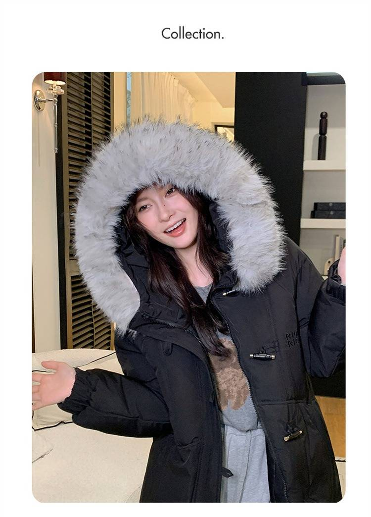 Übergroßer Puffermantel mit Kapuze und abnehmbarem Kunstpelzbesatz für Damen, lange Winterjacke in Schwarz/Grau/Creme_voghion.com