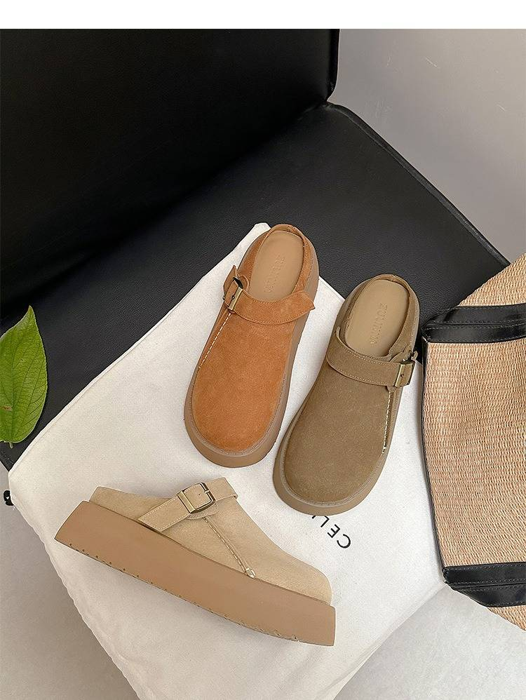 Women's Shoes Chunky Buckle Sandals With Round Toe - Soft Suede Leather Upper & Breathable Cork Footbed - Slip-On Mule Design For Everyday Comfort_voghion.com