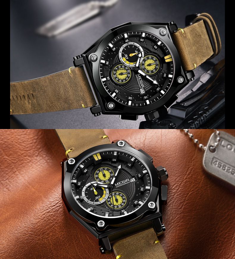 Orologio sportivo da uomo MEGIR in vera pelle con cronografo, resistente all'acqua, luminoso, multifunzione, design elegante_voghion.com