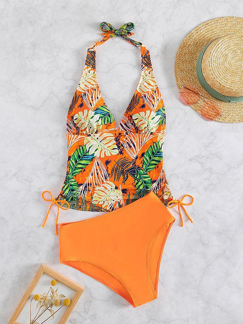 Maillot de bain femme triangle fendu dentelle couleur unie imprimé feuille maillot de bain bikini_voghion.com