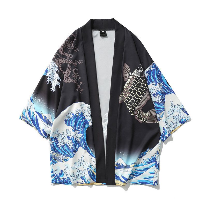 Ukiyo-e taoistiske kåber til mænd og kvinder, havbølger, karpeprint, kimono, løse fem quaer-ærmer, hawaiiansk stil_voghion.com
