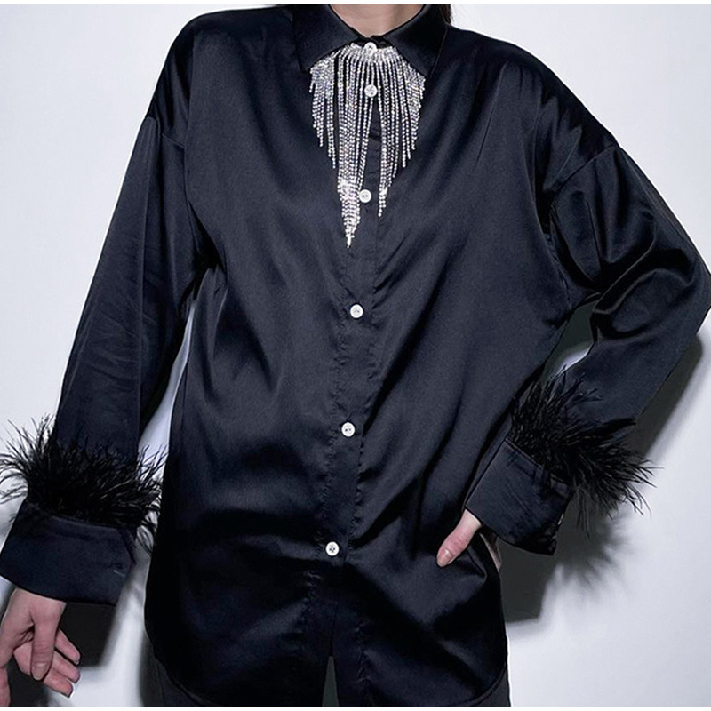 Abbigliamento da donna estate nuova moda casual versatile camicia in capelli di struzzo con cuciture in piume di seta ghiaccio per donna_voghion.com