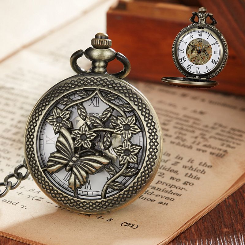 Hot Sale Butterfly Dragonfly Flip Copper Mechanical Men Women Gift Pocket Watch_voghion.com