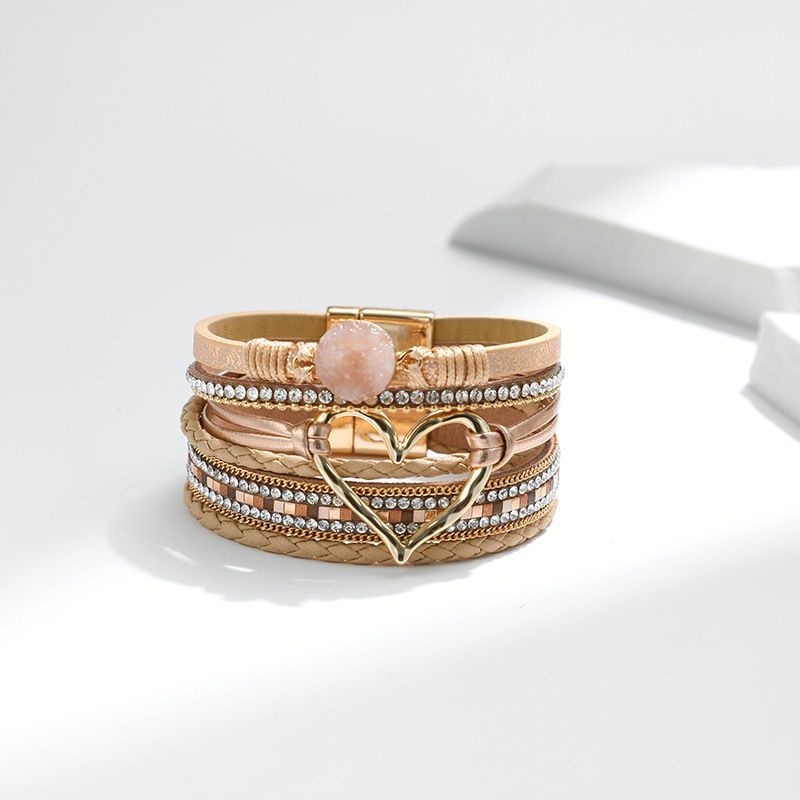 Set di bracciali a strati bohémien - Bracciale rigido regolabile a cuore aperto e catena con perline_voghion.com