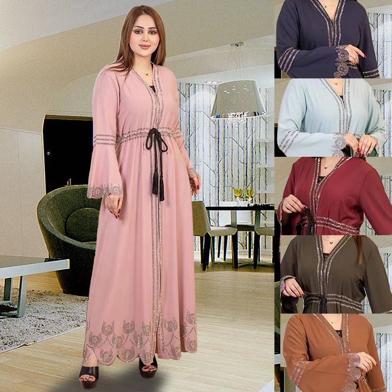 9007 Muslim Abaya Arab Kaftan Plus Size Women's Dress With Flared Long Sleeves_voghion.com
