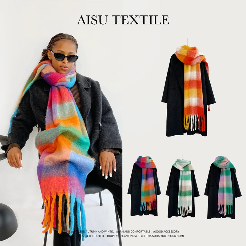 Cachecol de caxemira sintética feminino, moda feminina, xadrez colorido, estola, inverno, lenço para áreas externas, 210*40 cm_voghion.com