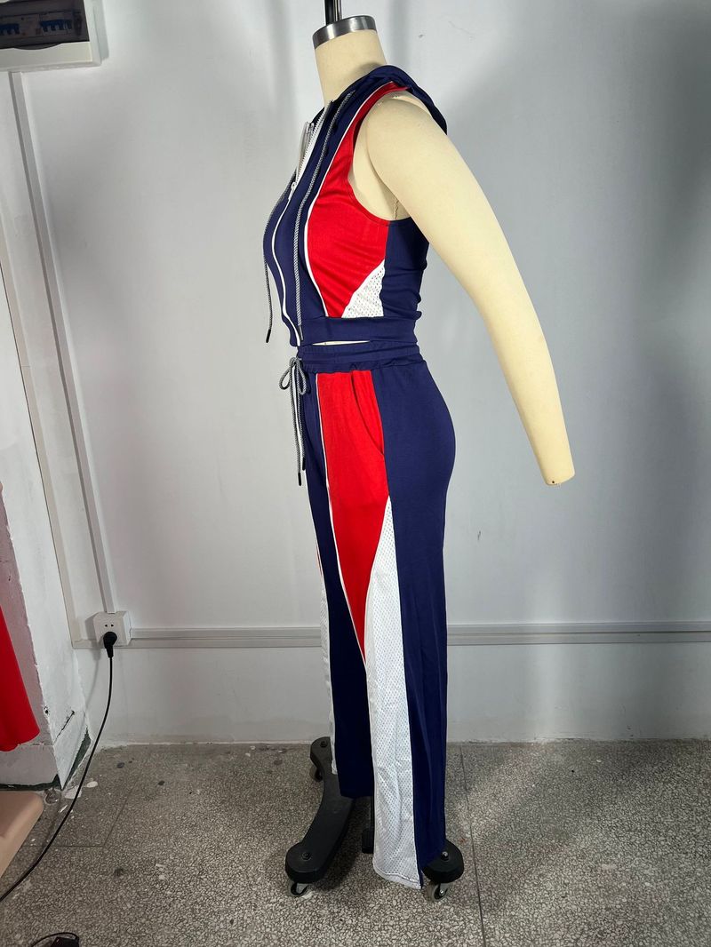 Damenbekleidung Polyester Mesh Jersey Stoff Spleißen Kapuze Kordelzug Ärmellos Hosenanzug Zweiteiliger Anzug_voghion.com