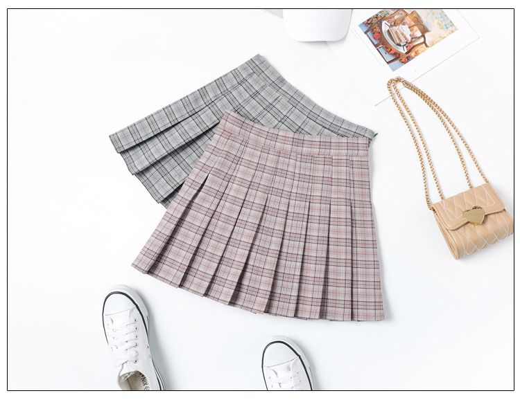 "Women's Pleated Skirt High Waist A-Line Mini Skirt With Checkered Pattern, Casual Spring Summer Outfit, Flattering Fit For XS-3XL (Grey, Beige,_voghion.com
