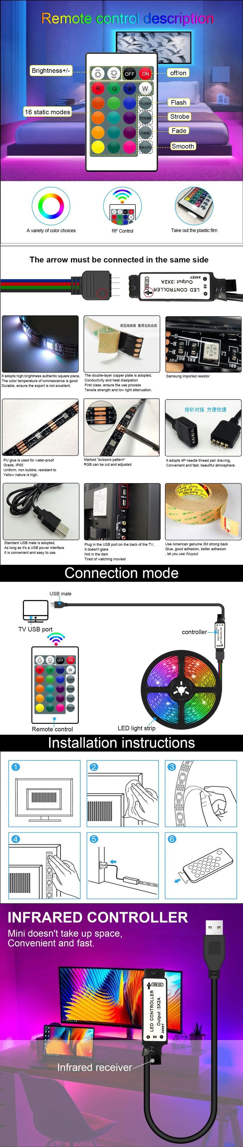 Striscia luminosa 5050, telecomando a infrarossi RF, luce di sfondo per TV, striscia luminosa USB a bassa tensione da 5 V_voghion.com