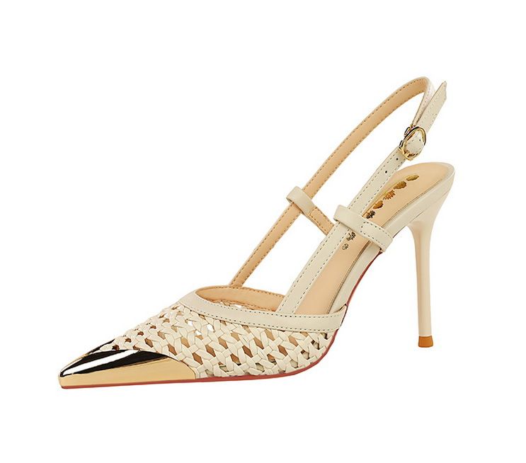 Hollow Woven Stiletto Sandals Women's High-end Metal Pointed One-word Strap High Heels_voghion.com