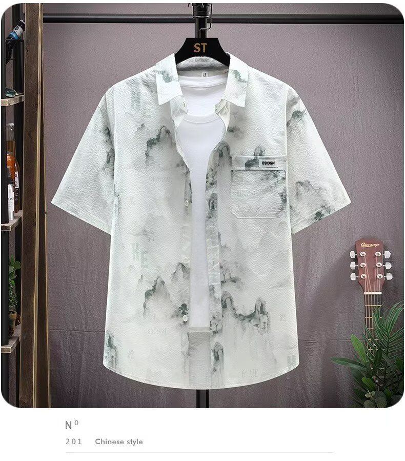 Camicia da uomo a maniche corte, vestibilità comoda, con stampa di paesaggio cinese, tessuto traspirante in seta ghiacciata (taglie dalla M alla 4XL)_voghion.com