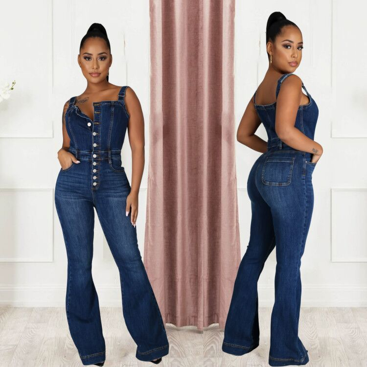 Roupas femininas Casual Sexy Suspensórios Denim Macacão Calças de perna larga_voghion.com
