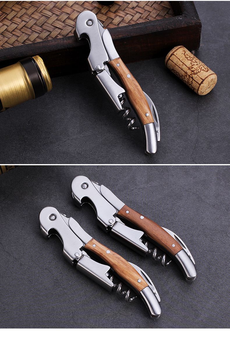 Coltello multifunzionale in legno d'ulivo con cavalluccio marino, apribottiglie per vino rosso, set in pelle_voghion.com