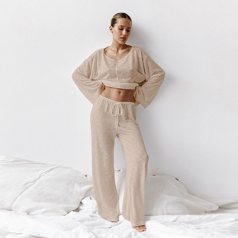 Women's sexy fashion knitted white round neck long sleeved pajamas trousers suit foreign trade soft skin friendly home clothes for women_voghion.com