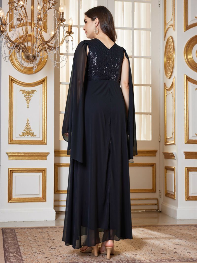 Elegante abito da sera taglie forti con scollo a V profondo e perline - Abito a trapezio con maniche lunghe per feste, balli di fine anno e occasioni speciali (nero, 0XL-4XL)_voghion.com