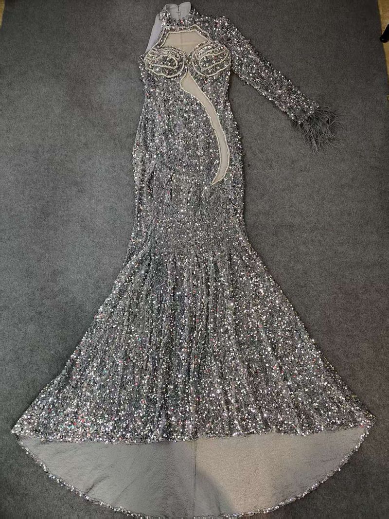 Elegant V-Neck Long Sleeve Bodycon Evening Dress With Slit & Glitter For Parties, Banquets, And Special Occasions_voghion.com