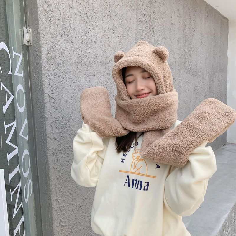 Set di tre pezzi in tinta unita per autunno inverno, caldo e carino, cappello spesso in peluche, guanti, sciarpa, sciarpa genitore-figlio_voghion.com