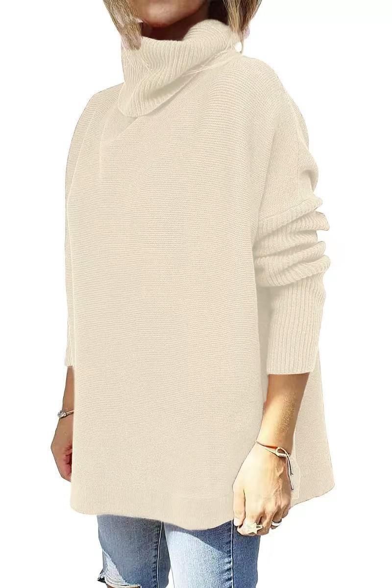 Dametrøje med høj hals, oversized pasform, mellemlang pullover med flagermusærmer, slidskant og bælte_voghion.com
