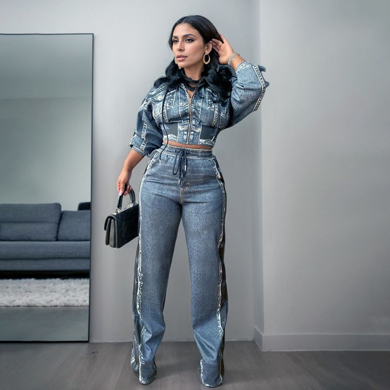 Damkläder High End liten doftstil Retro jeanstryck Jacka Byxor med vida ben Tvådelad kostym_voghion.com