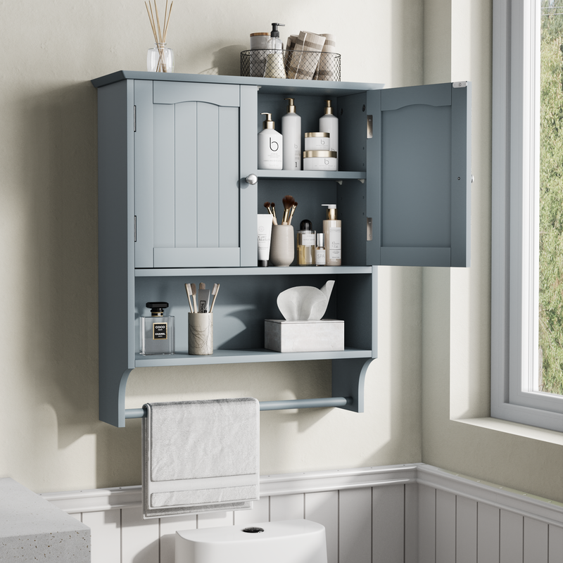 Badezimmer-Wandschrank Mit Handtuchhalter, 2 Türen und Offenen Regalen, Medizinschrank_voghion.com