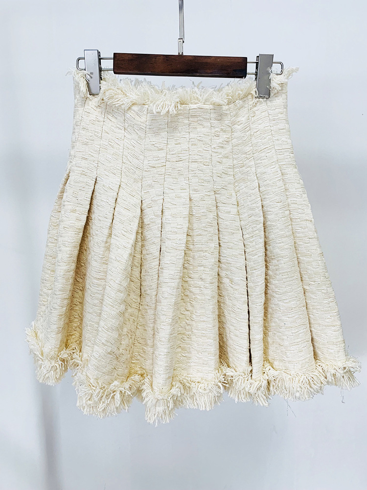 Jaqueta feminina de tweed curto com franjas e estrela da moda_voghion.com