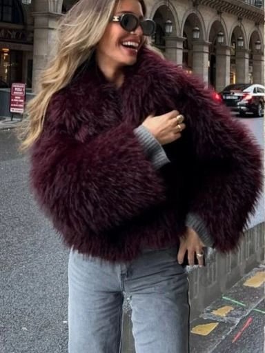 Damenbekleidung Lockiger Kunstpelzmantel Kurzer Reversmantel Teddybär Kunstpelzmantel – Kurze Plüschjacke für Damen (Weinrot/Braun/Weiß, XS-XL)_voghion.com