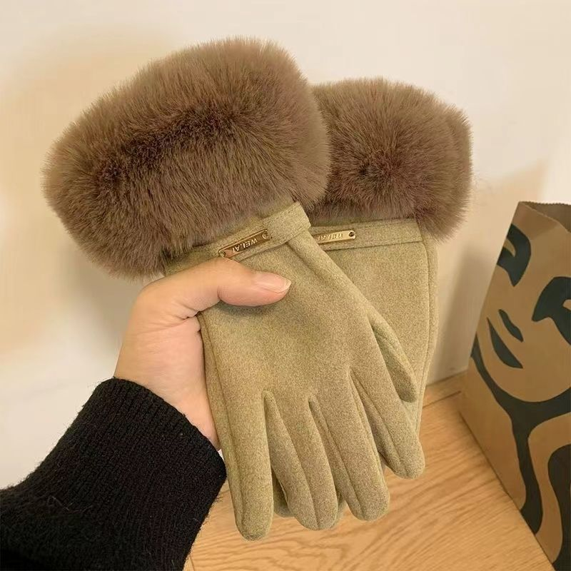 Guanti alla moda con bocca in pelliccia all'aperto in peluche da equitazione con dito, DeRong, calore addensato, dito, schermo tattile_voghion.com