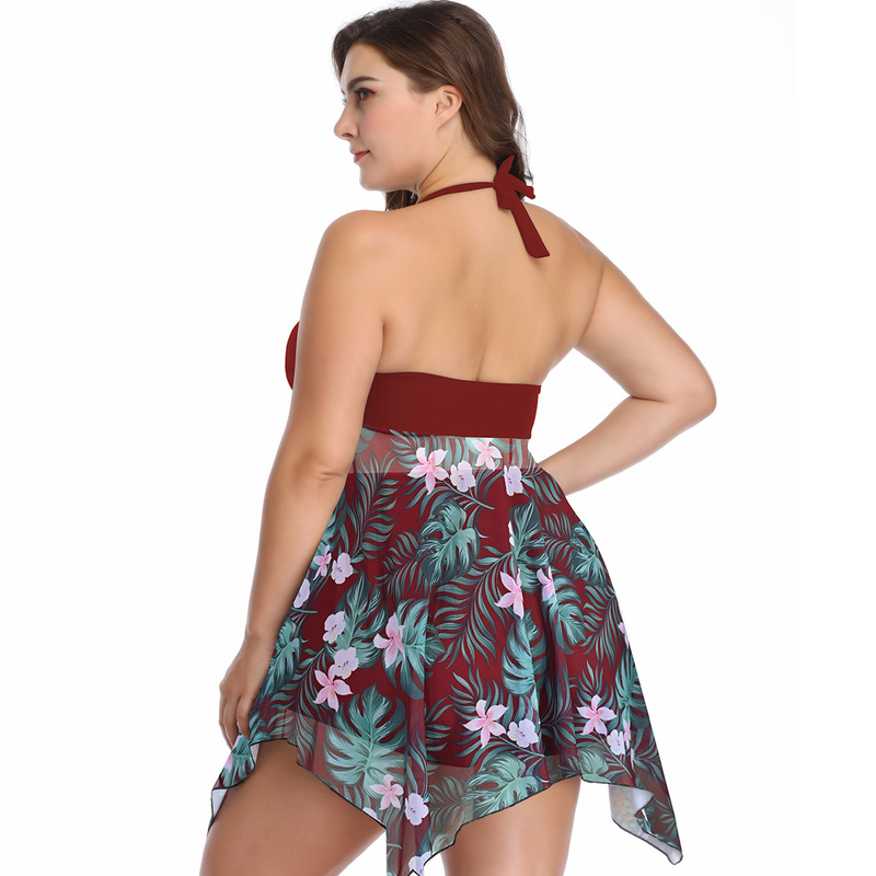 Women's Clothing Plus Size Plus Skirt Style Conservative Belly Covering Gathered Split Swimsuit_voghion.com