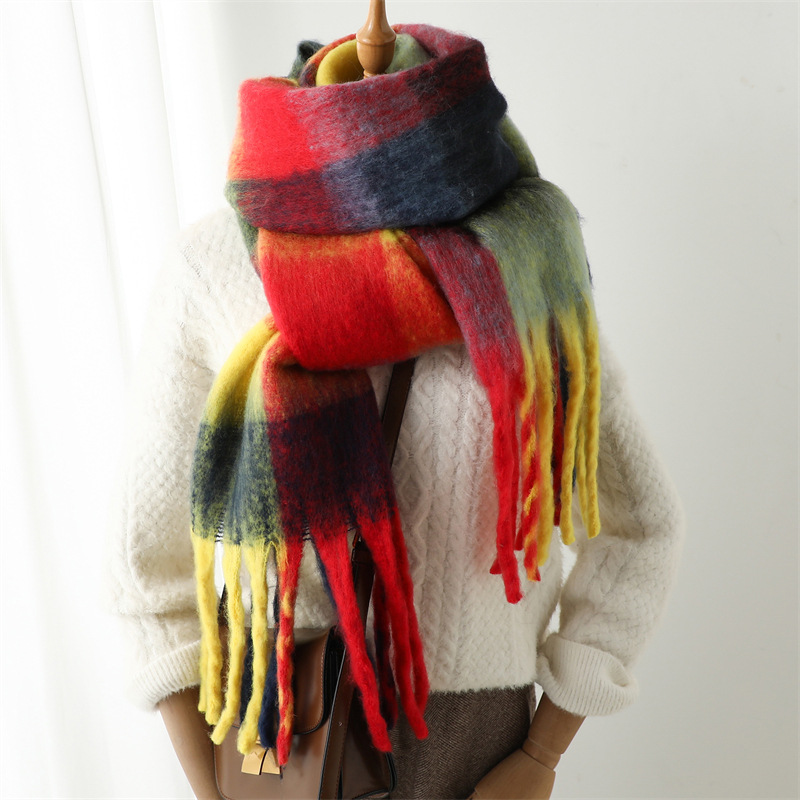 Sciarpa da donna alla moda invernale imitazione cashmere filato ad anello addensato calore scialle arcobaleno pannello scozzese nappe_voghion.com